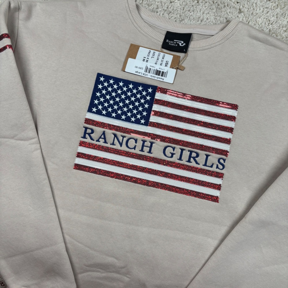 Ranch Girls USA Sweatshirt Women Size L Beige Sequin American Flag Western